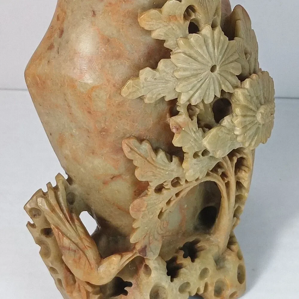 Vintage Hand Carved Single Soapstone Chinese Vase 6.25